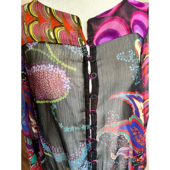 Desigual Sheer Multi Color Floral Print Long Sleeve Tunic Blouse Top Y2K Size M - Picture 4 of 9